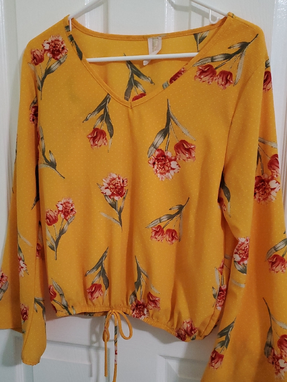 Marigold Red Floral Summer Festival V-Neck Flare Sleeves Tie-Hem Blouson Top XL